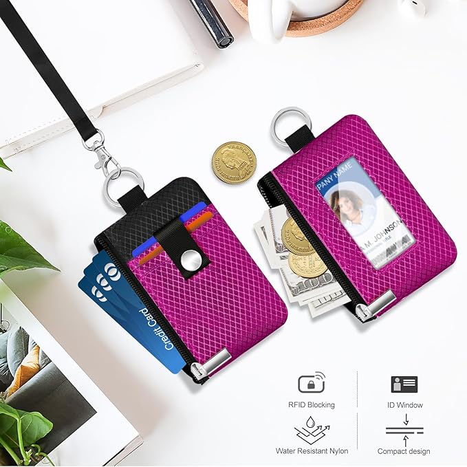 Minimalist RFID Blocking Small Wallet with ID Window,WaterResistant Zip Id Case Wallet with Lanyard Keychain for Cards,Cash,Travel,Women,Men (Purplish Red/Black)