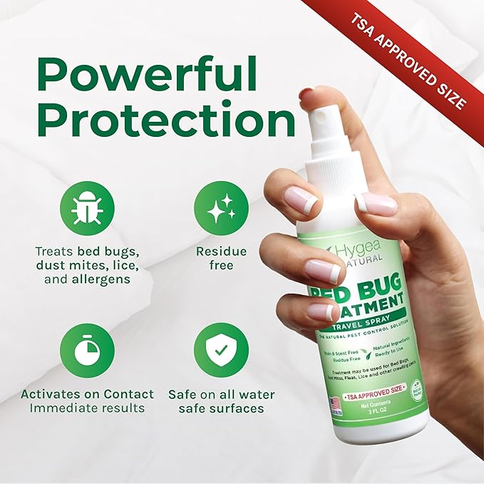 Hygea Natural Lice, Mite, and Bed Bug Killer Travel Spray - TSA Approved 3 oz Size Bottles, Child & Pet Friendly, Stain & Odor Free, for Hotels, Suitcase, Backpack, Shoes, Bed Bug Spray (2 Pack)