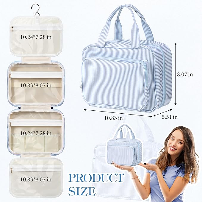Huhumy Hanging Toiletry Bag for Women with Detachable Pouch, Travel Toiletry Bag, Travel Size Toiletries, Cosmetic Bags, Seersucker Makeup Bags Gifts for Her Mom Girlfriend Wife Teacher(Blue)