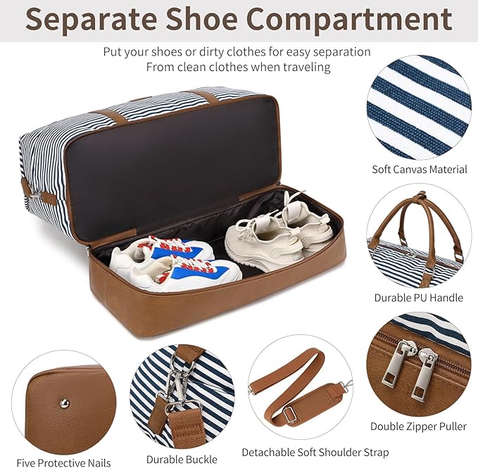 Weekender Bag, Large Travel Duffel Bag for Women, Carry on Overnight Bag with Shoe Compartment and Toiletry Bags