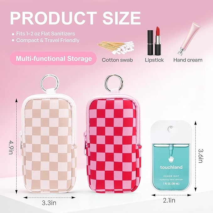 KJQJLY 2 Pack Hand Sanitizer Holder Pouch, Zippered Portable Sanitizer Case with Cute Pattern, Keychain D-Ring for Purse, Backpack & Travel