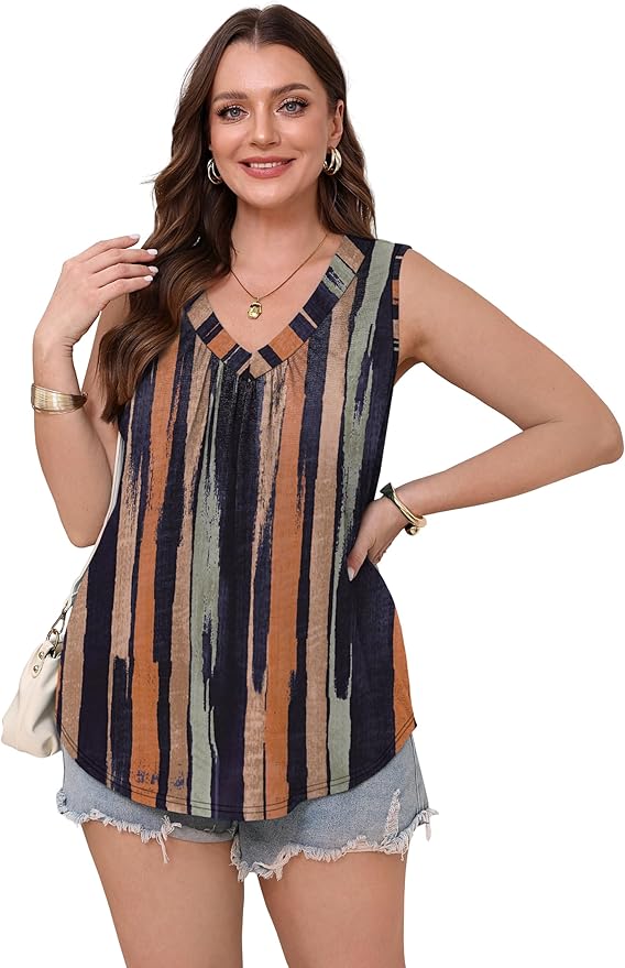 OFEEFAN Tank Top for Women Loose Fit Sleeveless Shirts V Neck Summer Clothes Ruched Women's Tees and Tanks Curved Hem