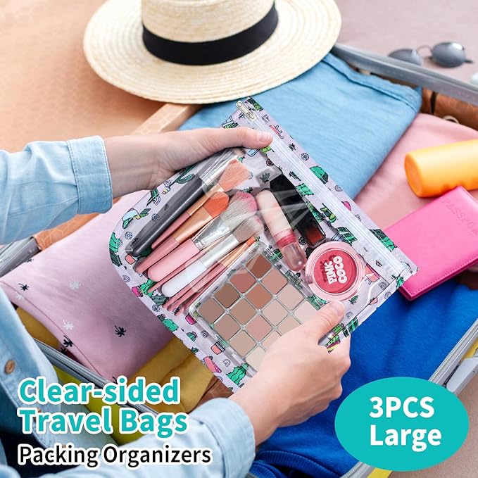 HIONXMGA TSA Approved Toiletry Bag, Set of 3 Clear Travel Toiletry Bag Quart Size Zipper Travel Pouch, Waterproof Makeup Cosmetic Bag for Women Men Kids Toiletries Carry on, Cacti Large