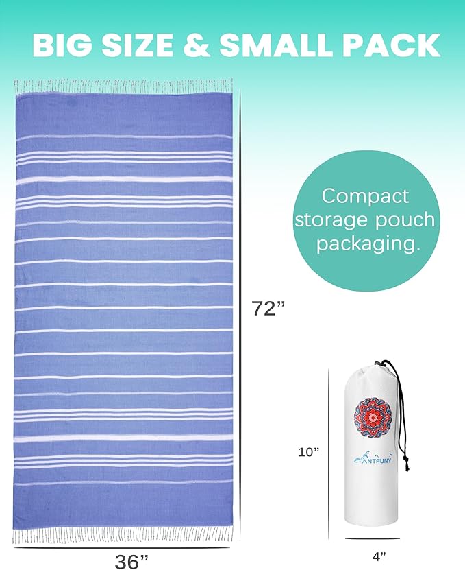 2 Pack Turkish Beach Towels Vacation Essentials with Bag Quick Dry Sand Free Soft Absorbent Adult Bath Pool Swim Long Wide Stripe Towel Cloud Linen Sandfree Mat Summer Thing Lightweight Travel Blue