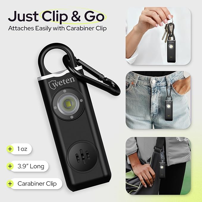 Personal Safety Alarm for Women Protection - 130dB Loud Panic Siren Rechargeable Keychain - LED Light, Carabiner Clip, Low Battery Alert, USB-C Charging Self Defense Alarm by Weten (Black)