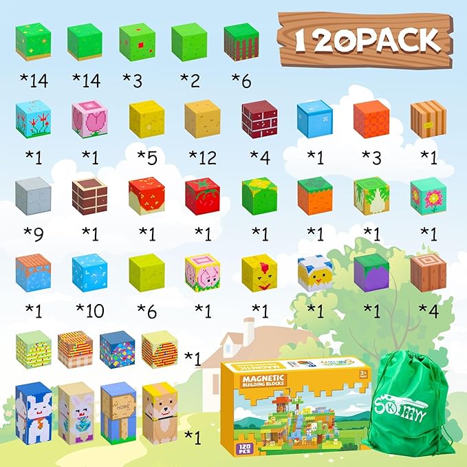 SKTMYY Magnetic Blocks-120pcs Farm Magnetic Building Blocks for Kids, STEM Sensory Magnet Blocks Cubes Toys for Toddlers Boys & Girls Ages 4-8