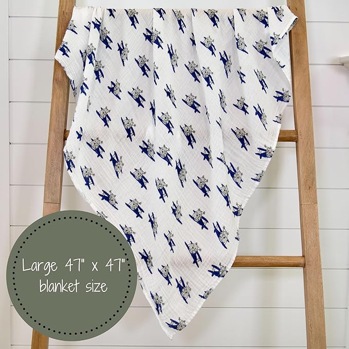 LollyBanks Muslin Swaddle Blanket, 100% Muslin Cotton Baby Blankets for Boys, 47 X 47 Inches Baby Boy Swaddles, Breathable and Lightweight Infant Blanket, Newborn Essential, Registry (Airplane Print)