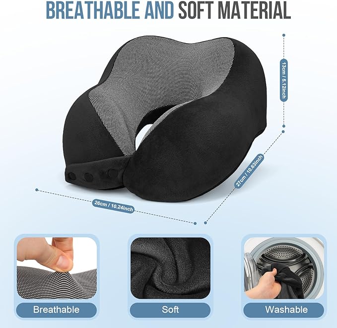 Travel Neck Pillows for Airplanes Memory Foam Neck Pillow for Traveling Adjustable Travel Pillow for Sleeping, Airplane,Train, Car with Eye Mask, Earplugs, Carry Bag