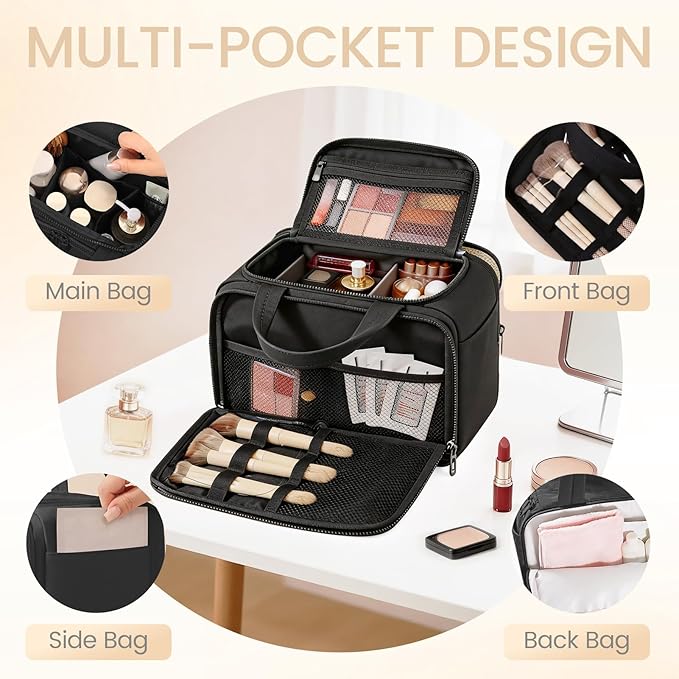 Toiletry Bag for Women Puffy Large,Travel Makeup Bag,Large Toiletry Bag with Adjustable Dividers,Waterproof Cosmetic Travel Bag with Trolley Sleeve,Toiletries Organizer,Black