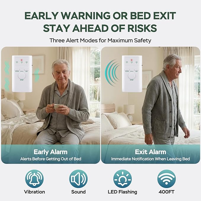 Wireless Bed Alarm for Elderly Dementia Patients - Large & Wide Under-Mattress Sensor Pad with Pager, Early & Exit Alert Modes, Fits All Thick and Thin Mattresses, Effectively Reduces False Alarms