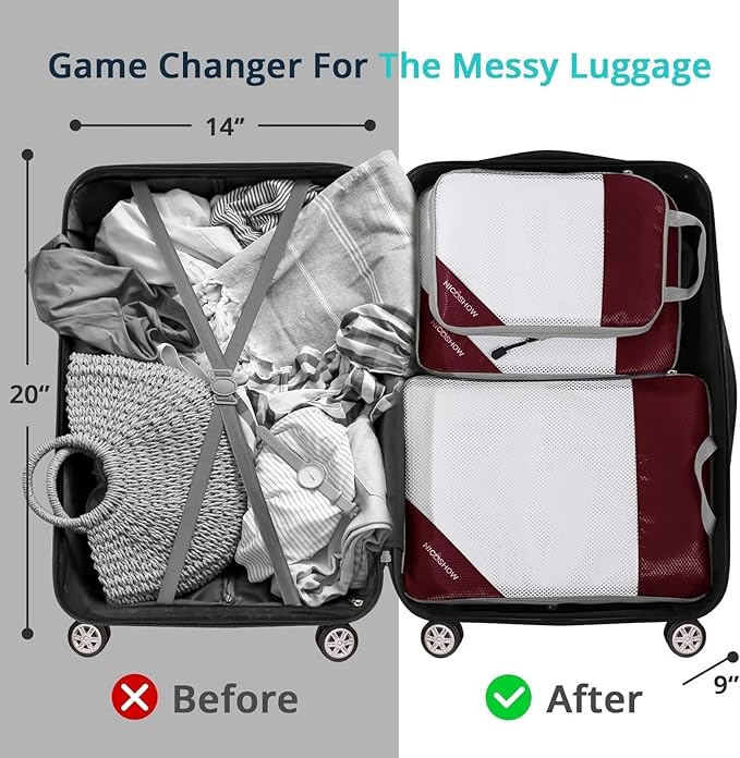 NICOSHOW 3 Set Compression Packing Cubes for Travel - Compressible, Lightweight, and Space-Saving Packing Cubes, Travel Essentials for Women, Wine