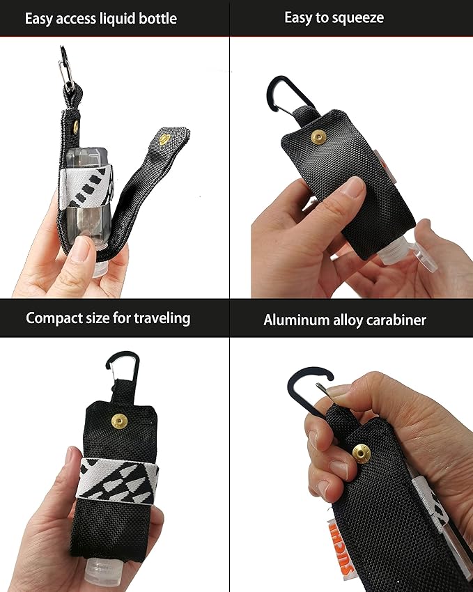 Travel Size Hand Sanitizer Holder,Bottle Case and Carabiner Carrier bag-Portable Mini Waist Bag for Liquids Clip On Belt Loop, Backpack and Purse - Includes Empty 60ml/ 2 oz Reusable Bottle (Black)