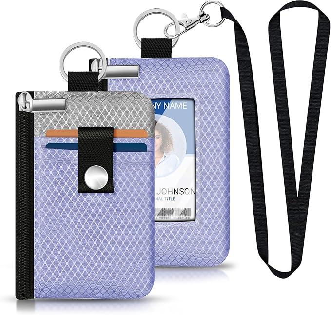 Minimalist RFID Blocking Small Wallet with ID Window,WaterResistant Zip Id Case Wallet with Lanyard Keychain for Cards,Cash,Travel,Women,Men (Lavender Purple/Light gray)