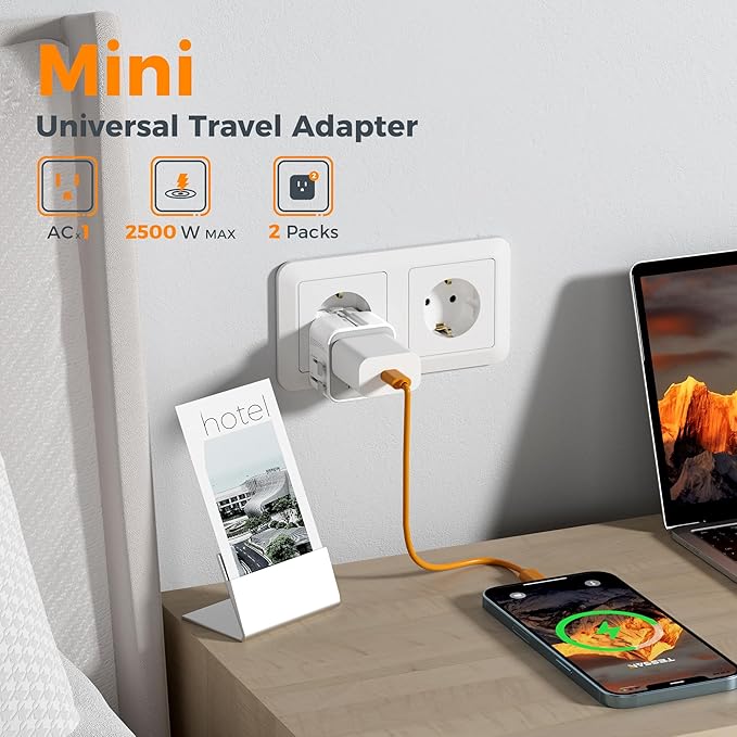 2 Pack TESSAN Universal Travel Adapter, Ultra Thin International Power Adapter, European Travel Plug Adaptor Worldwide US to Europe UK Italy Ireland New Zealand Japan (Type C G A I)