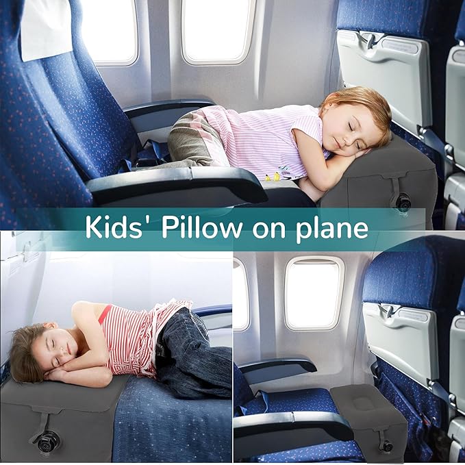 Inflatable Travel Foot Rest Pillow, Adjustable 3 Layers Height Leg Rest Pillow, Kids Airplane Bed, Adults Travel Essentials on Plane, Trains, Cars, Office, Home (Dark Grey, 1 PC)