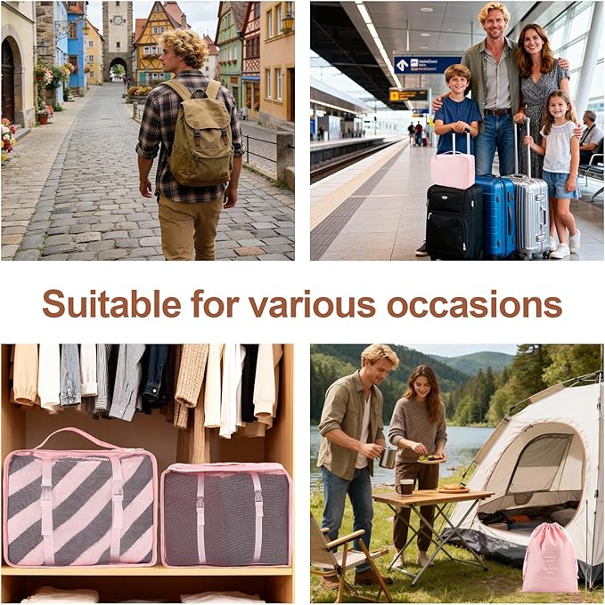 8 Set Compression Packing Cubes for Travel Essentials,Suitcase Organizer Bags, Carry-On Luggage Accessories with Laundry & Toiletry Bag, Road Trip & Camp Gifts for Men and women（pink）