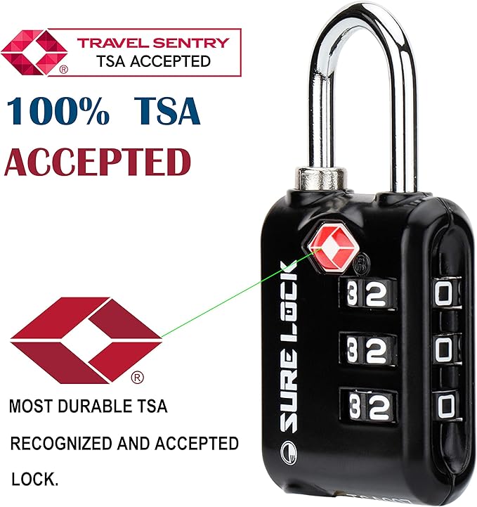 SURE LOCK TSA Approved 3 Digit Luggage Locks With Zinc Alloy Body and Hardened Steel Shackle To Lock Travel Suitcase