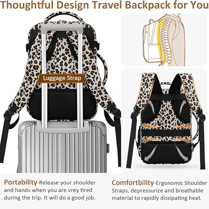 Tenot Carry on Backpack for Women TSA Approved 15.6 Inch Travel Laptop Backpack for Women Travel Essentials Foldable Womens Travel Backpack Suitcase Leopard Print