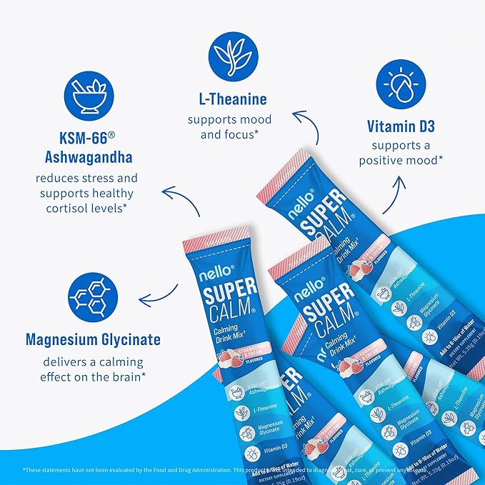 Nello Supercalm Powdered Drink Mix, Cortisol Reducer*, Sleep Aid Supplement, L Theanine, Ksm-66 Ashwagandha, Magnesium Glycinate, Vitamin D 3, No Sugar, Non GMO, 20 Ct, Strawberries & Cream