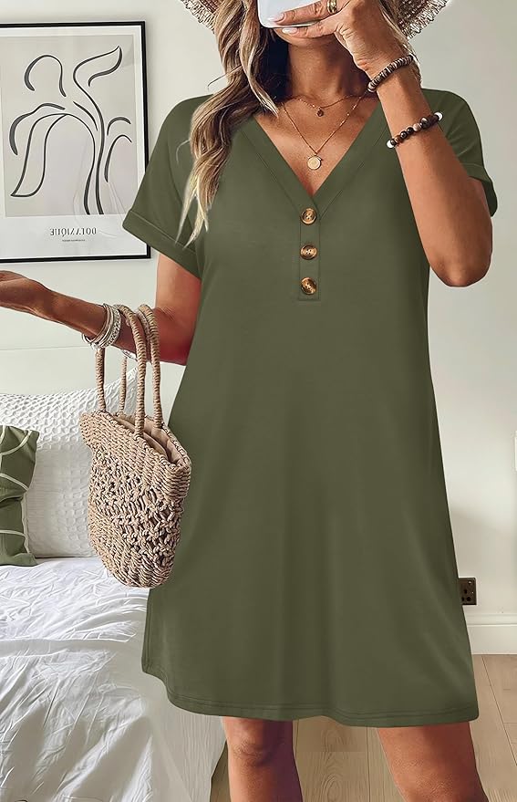 WIHOLL Summer Dresses for Women with Sleeves Midi Dress Button Down Beach Vacation Casual Dresses Fashion Clothing