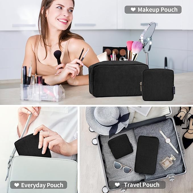 MAGEFY Small Makeup Bag for Purse Mini Cosmetics Bag Corduroy Cute Cosmetic Pouch for Women with Slip-in Pockets