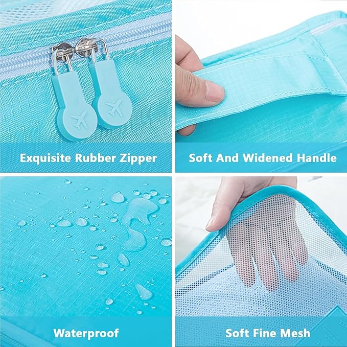 12 Set Packing Cubes for Travel Luggage Packing Bags Reusable Waterproof Suitcase Organizer Bags Set with Shoe Bag and Toiletry Bag (Sky Blue+Navy Blue)