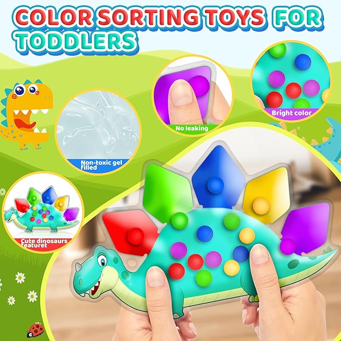 Dinosaur Color Sorting Sensory Toy Travel Toys for Toddler 1-3 Roadtrip Essenstial for Toddlers Boys Gifts Fine Motor Autism Fidget Montessori Preschool Activities for Kid Christmas Stocking Stuffer