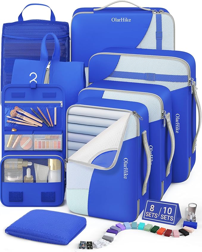 8 Set Packing Cubes for Travel, Gifts for Women Mom,Anti-Tearing Suitcase Organizer for Luggage with Shoe & Hanging Toiletry Bag,OlarHike Vacation Essentials & Accessories for Cruise Ship,Klein Blue