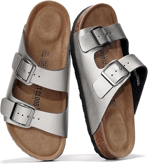 Project Cloud 100% Genuine Leather Flat Sandals For Women 2026 Cork Footbed Womens Sandals with Memory Foam and arch support Vacation Essentials Slides for Women Footwear (Venita)