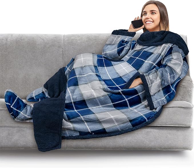 PAVILIA Sherpa Blanket with Sleeves, Foot Pocket for Women Men Adults, Thick Wearable Blanket Throw Wrap, Fleece Warm Snuggle Blanket Robe, Cozy Gift Ideas Wife Mom, Plaid Blue