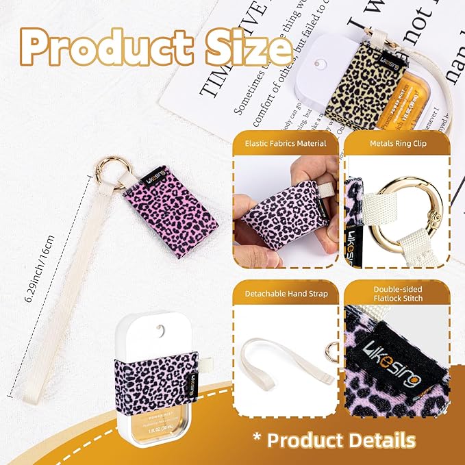 Likesing Hand Sanitizer Spray Sleeve Compatible with T0uch-land, 3 Elastic Handsanitizer Travel Size Holder with Keychain and Wrist Strap for t0uch'land Case for Glow Mist and Power Mist(Leopard)