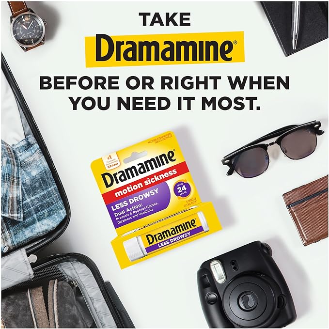 Dramamine Motion Sickness Less Drowsy, Travel Vial, Multicolor, 8 Count (Pack of 3)
