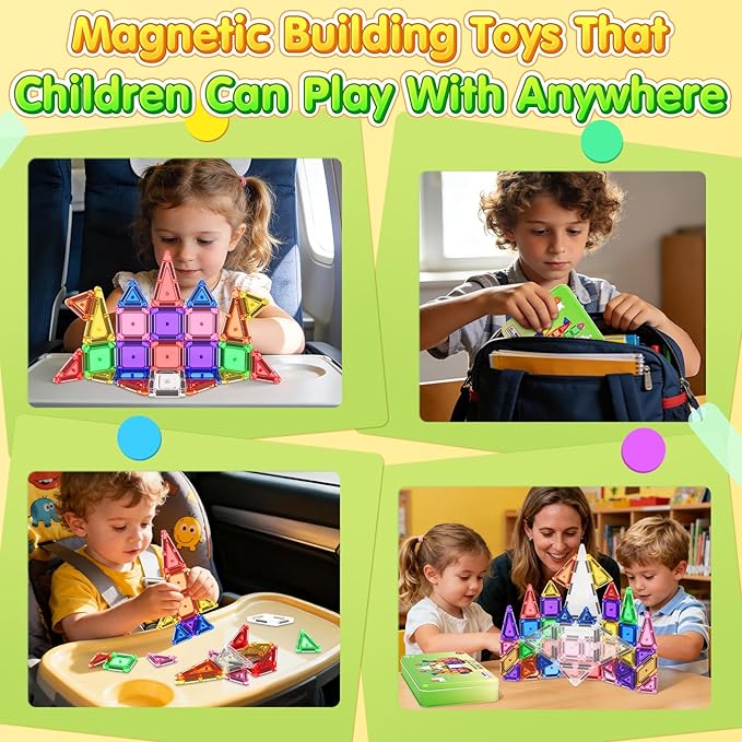 65PCS Mini Travel Magnetic Tiles with Case Set Toddler Essentials Toys, Magnetic Building Blocks Kids Games Sensory Montessori Education Learning Toys for 3+ Year Old Boys Girls Birthday Gifts