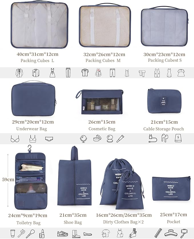 Anjing 11 PCS Packing Cubes for Suitcases Carry on, Space-Saving Travel Luggage Packing Organizers for Travel Essentials, Water-Resistant Luggage Suitcase Organizer Bags Set, Navy Blue