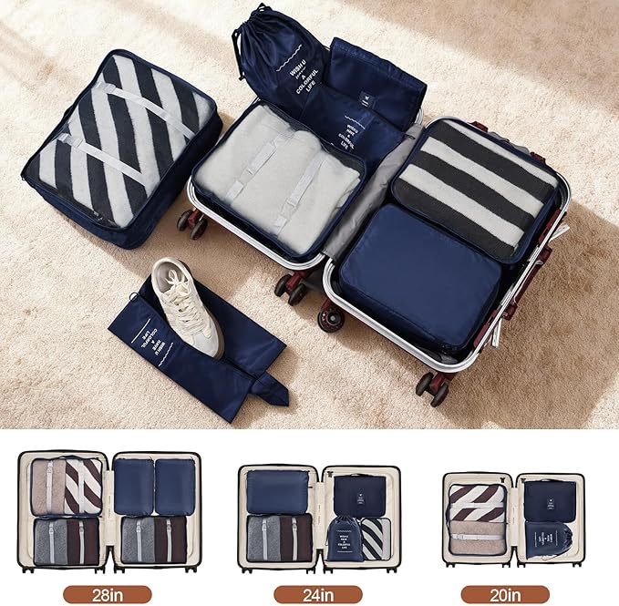 8 Set Compression Packing Cubes for Travel Essentials,Suitcase Organizer Bags, Carry-On Luggage Accessories with Laundry & Toiletry Bag, Road Trip & Camp Gifts for Men and women（navy）