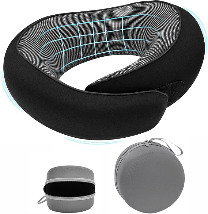 Travel Neck Pillow for Airplane - 100% Memory Foam 360° Ergonomic Support - Adjustable Velcro, Washable Velvet Cover & Compact Storage Case - Flight Essentials for Sleeping (Black)