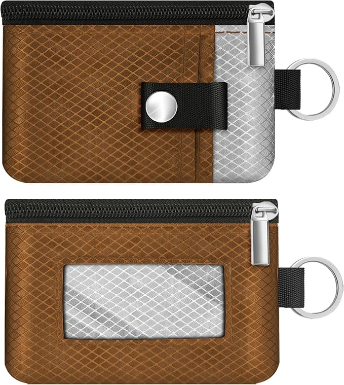 Minimalist RFID Blocking Small Wallet with ID Window,WaterResistant Zip Id Case Wallet with Lanyard Keychain for Cards,Cash,Travel,Women,Men (Brown/Light Grey)