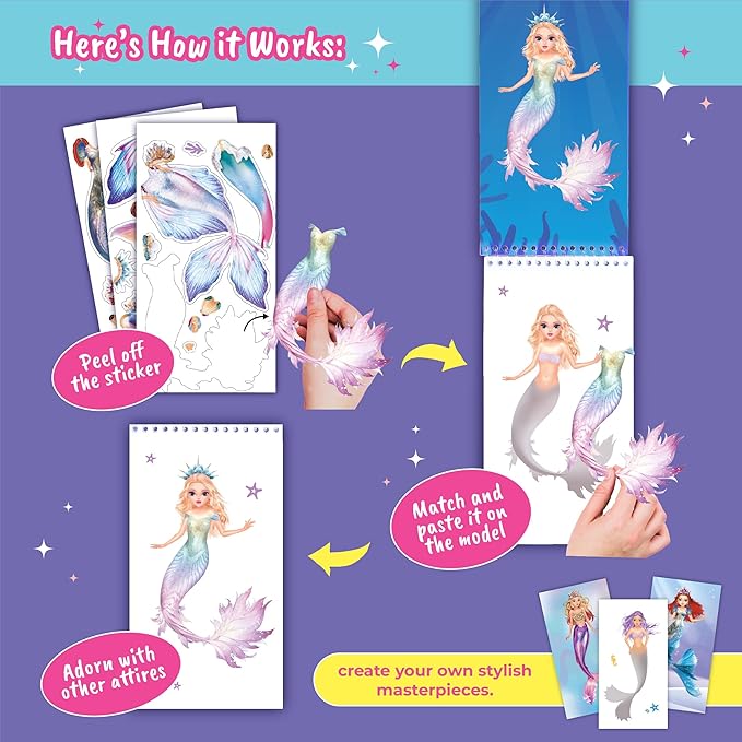 BSCOOL Sticker Dress up Mermaid - Sticker Activity Book for Kids. Learn Girls Fashion Design for Mermaid with Stickers and Guides for Kids 5 and up. Little Designer Creativity Book