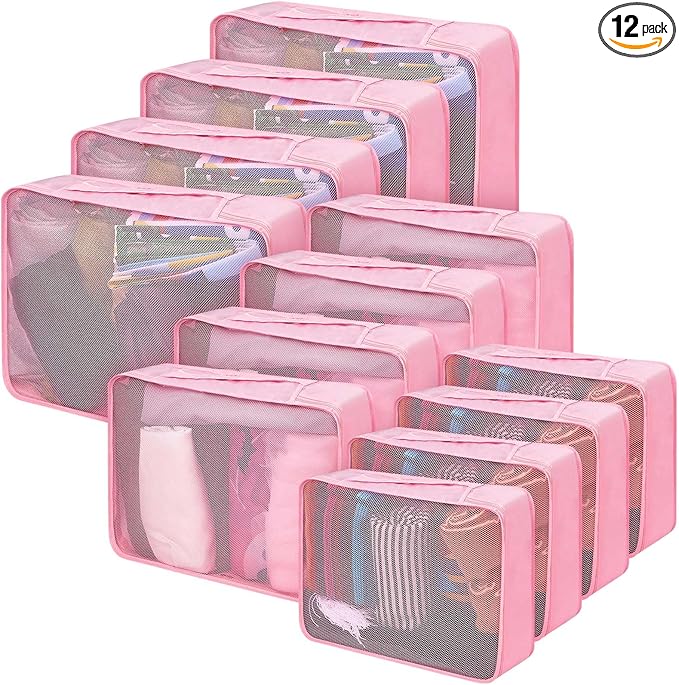 Silkfly 12 Pcs Packing Cubes for Suitcase Travel Luggage Bags Bulk Mesh Organizer Set for Hiking Camping Backpacking Clothes Accessories (Pink,XL, L, M Size)