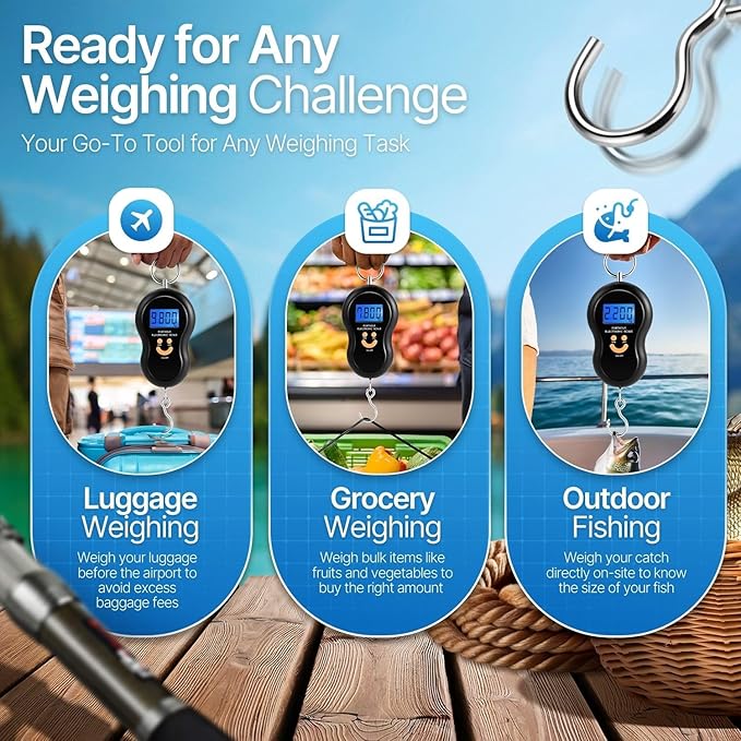 Flexzion Digital Hanging Scale – 110lb/50kg Portable Luggage Scale, and Fish Scale with Electronic Backlight LCD, Stainless Steel Hook, 2 AAA Included