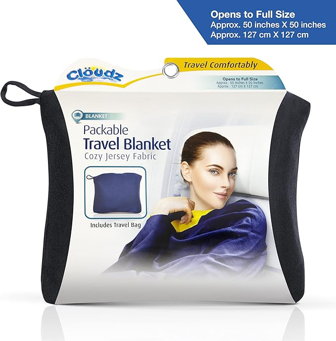 Cloudz Super Soft Jersey Airplane Travel Blanket for Your Flight, Car, Camping, Home or Comforting Warmth Anywhere! Large in Size at 50"x 50" and Includes a Bag! - Black