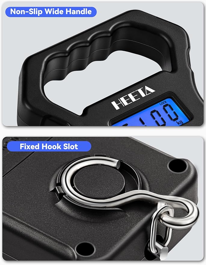 HEETA Fish Scale, 110lb/50kg Digital Portable Hanging Fishing Weight Scale with Backlit LCD Display, Luggage Scale with Hook, Non-Slip Large ABS Handle & 2 AAA Batteries, Fishing Gifts Gear for Men