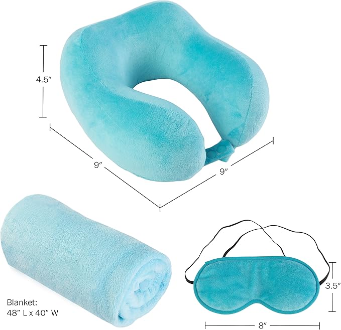 Home-Complete Travel Pillow Set - Memory Foam Pillow, Fleece Blanket, and Eye Mask - Travel Essentials for Airplanes, Trains, Cars, Buses (Blue)