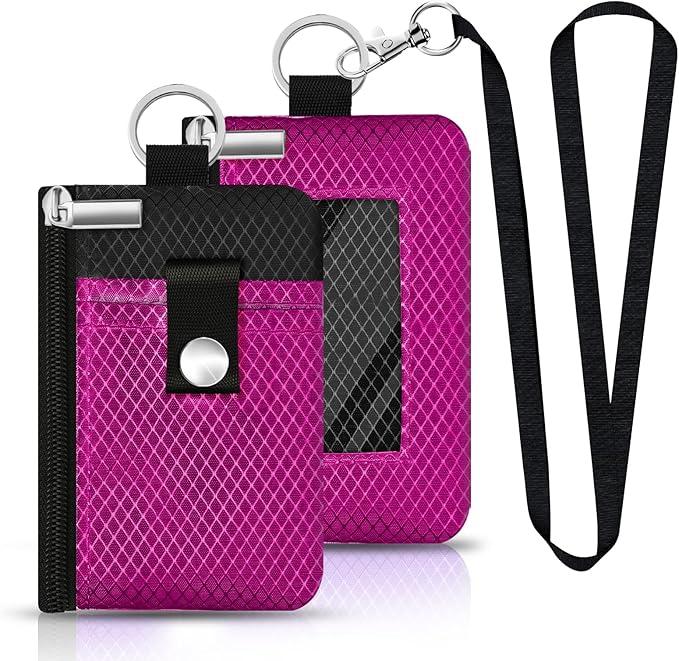 Minimalist RFID Blocking Small Wallet with ID Window,WaterResistant Zip Id Case Wallet with Lanyard Keychain for Cards,Cash,Travel,Women,Men (Purplish Red/Black)