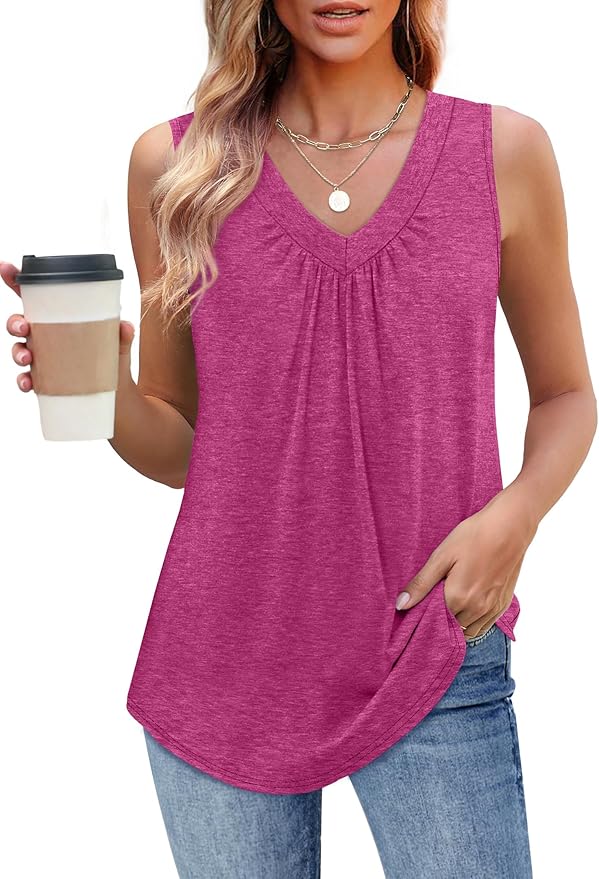 OFEEFAN Tank Top for Women Loose Fit Sleeveless Shirts V Neck Summer Clothes Ruched Women's Tees and Tanks Curved Hem