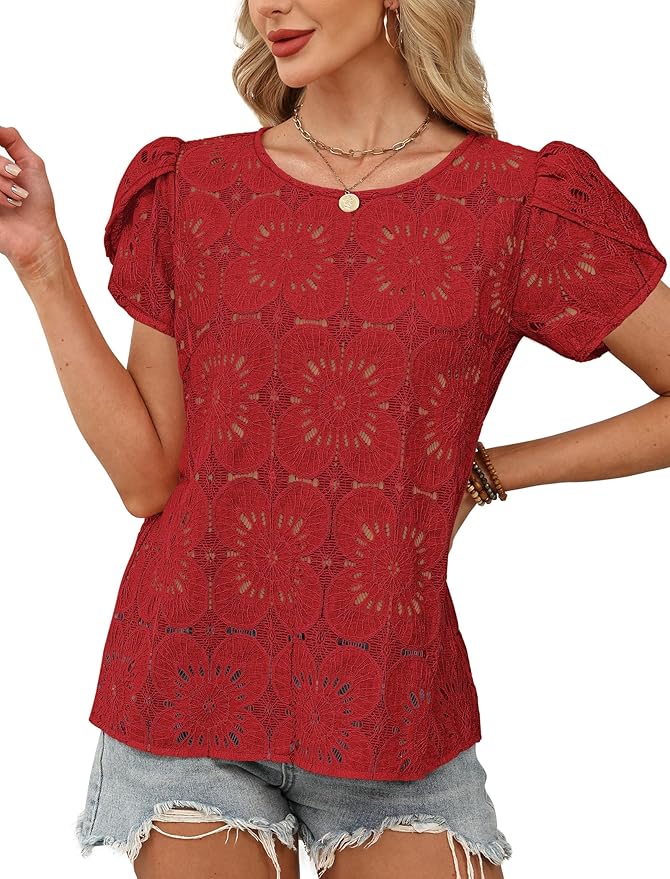 OFEEFAN Blouses for Women Dressy Casual Petal Short Sleeve Shirts Crochet Lace Boho Tops Spring Fashion Summer Outfits