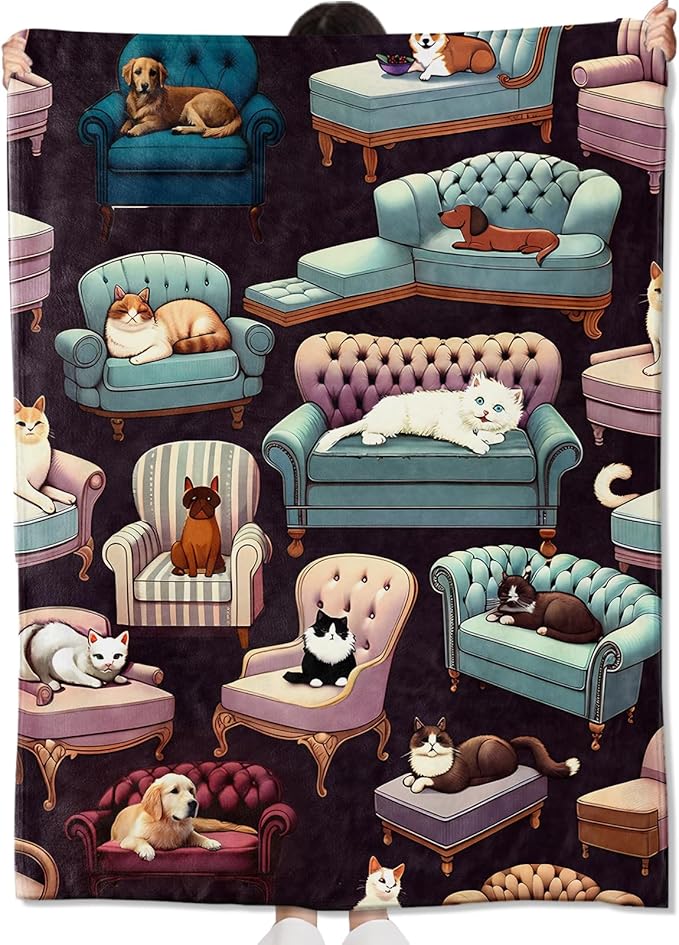 Dog and Cat on Sofa Blanket Gifts for Kids Adult,Cute and Playful Animal Throw Blankets,Soft Comfy Lightweight for Room Couch Bed Modern Adorable Decor,Pet Lover 60x50in