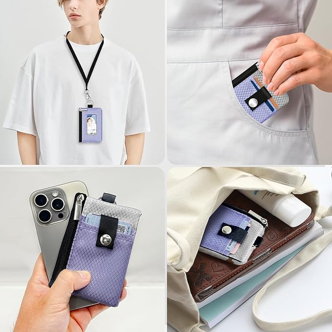 Minimalist RFID Blocking Small Wallet with ID Window,WaterResistant Zip Id Case Wallet with Lanyard Keychain for Cards,Cash,Travel,Women,Men (Lavender Purple/Light gray)