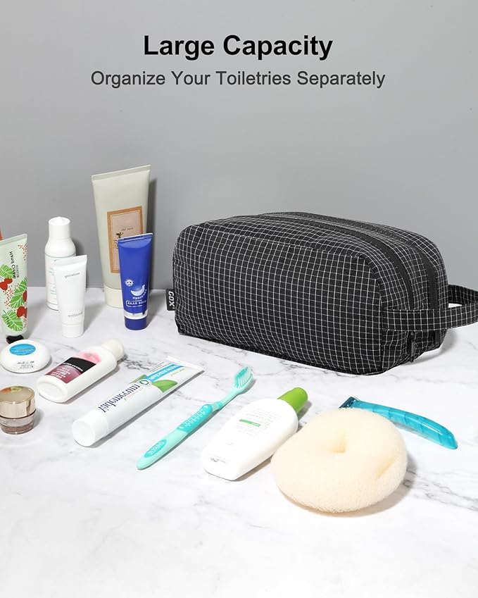 GOX Small Travel Toiletry Bag for Men, Dopp Kit, Water-Repellent Nylon, TSA Carry-On Leakproof Cosmetic Organizer (10.4"x5.5"x5.1") & Carry Handle (Black)