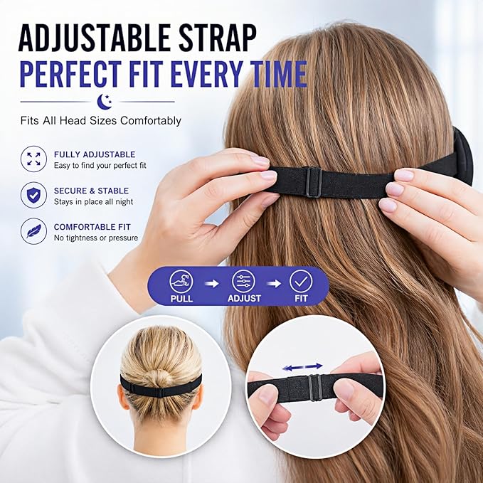 Cool-Touch Cotton Eye Sleep Mask for Men & Women, Soft & Breathable, Pressure-Free Design for Side Sleepers, Adjustable Light Blocking Mask for Sleeping, Travel & Naps (Black)